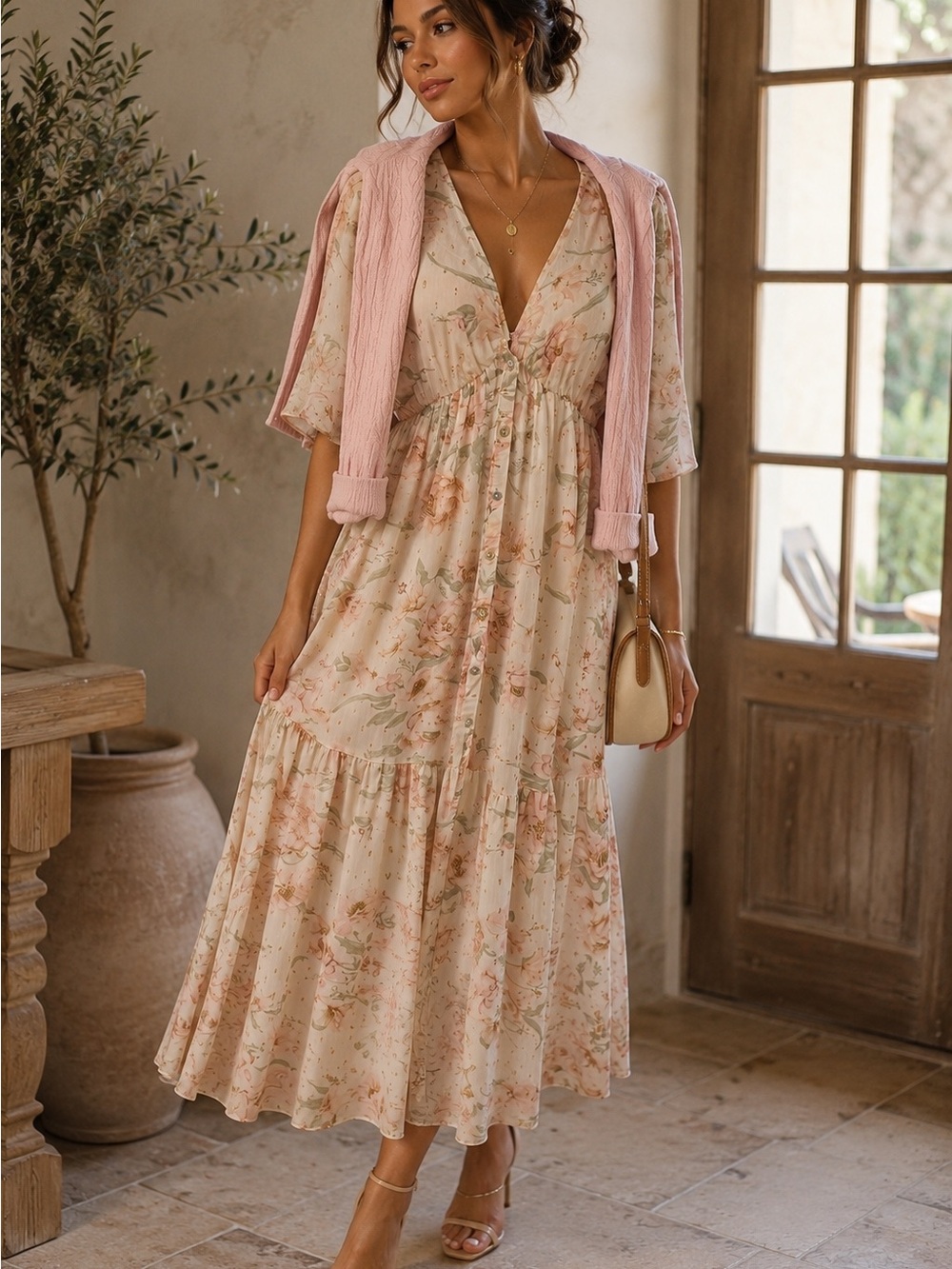 Love Stitch Floral Tiered Maxi Dress in Blush and Cream